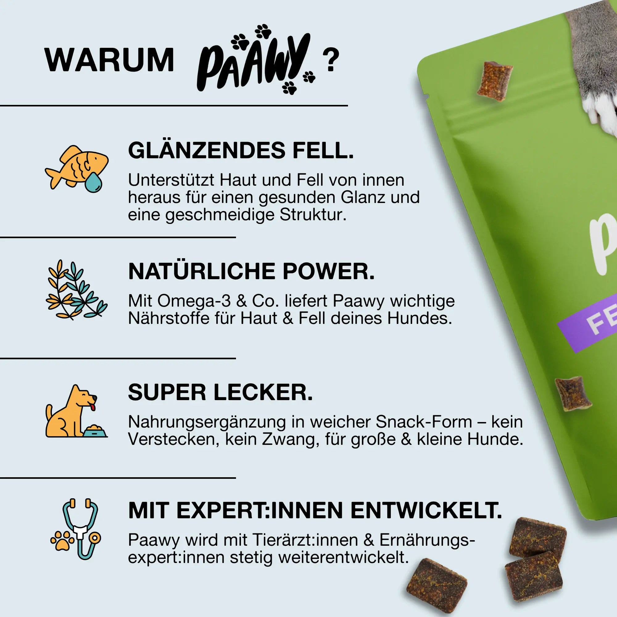 Paawy Fellpracht Snacks – Haut- & Fellpflege für Hunde – Mit Omega-3, Biotin & Zink