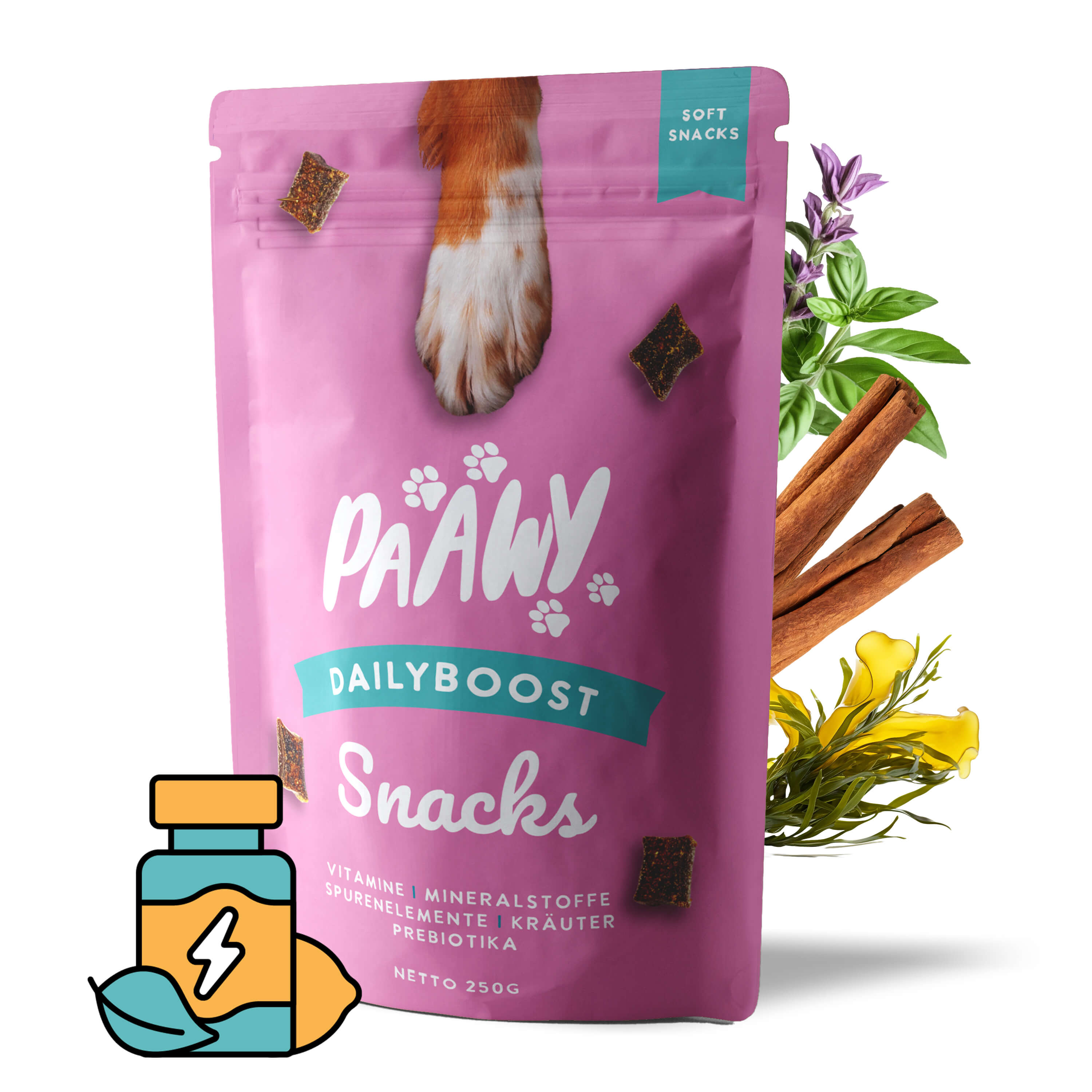 A pink bag of Paawy DailyBoost Snacks – Rundum-Vitalität für Hunde, with a paw image, 29 Vitamine, Mineralien & Kräuter, shown with cinnamon sticks, herbs, and a supplement bottle illustration in the corner.