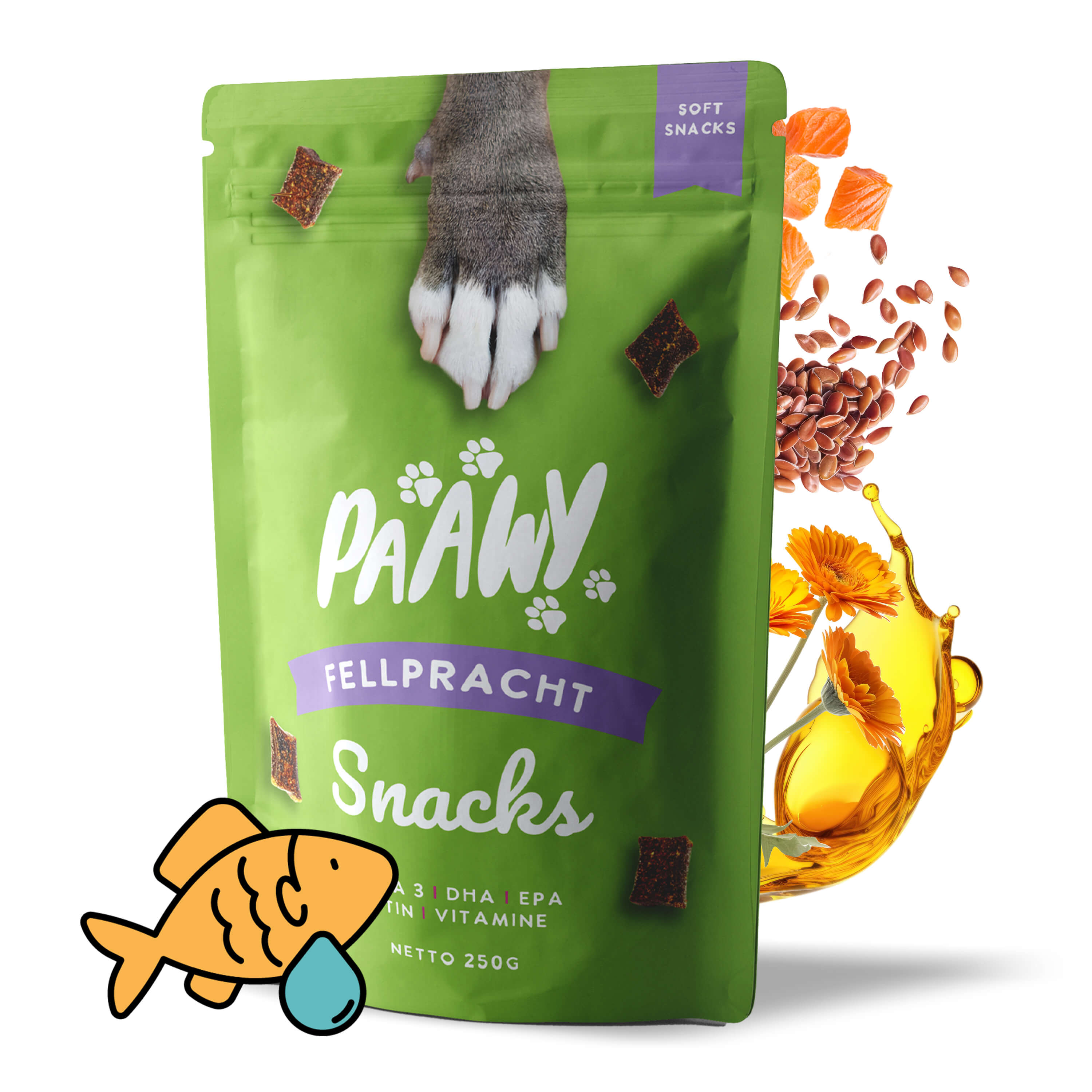 A green bag of COPY Paawy Fellpracht Snacks – Haut- & Fellpflege für Hunde with a cat paw, treats, oil, and flaxseeds shown. Rich in Omega-3, Biotin & Zink for skin and coat health. An orange fish and water droplet are at the bottom left.
