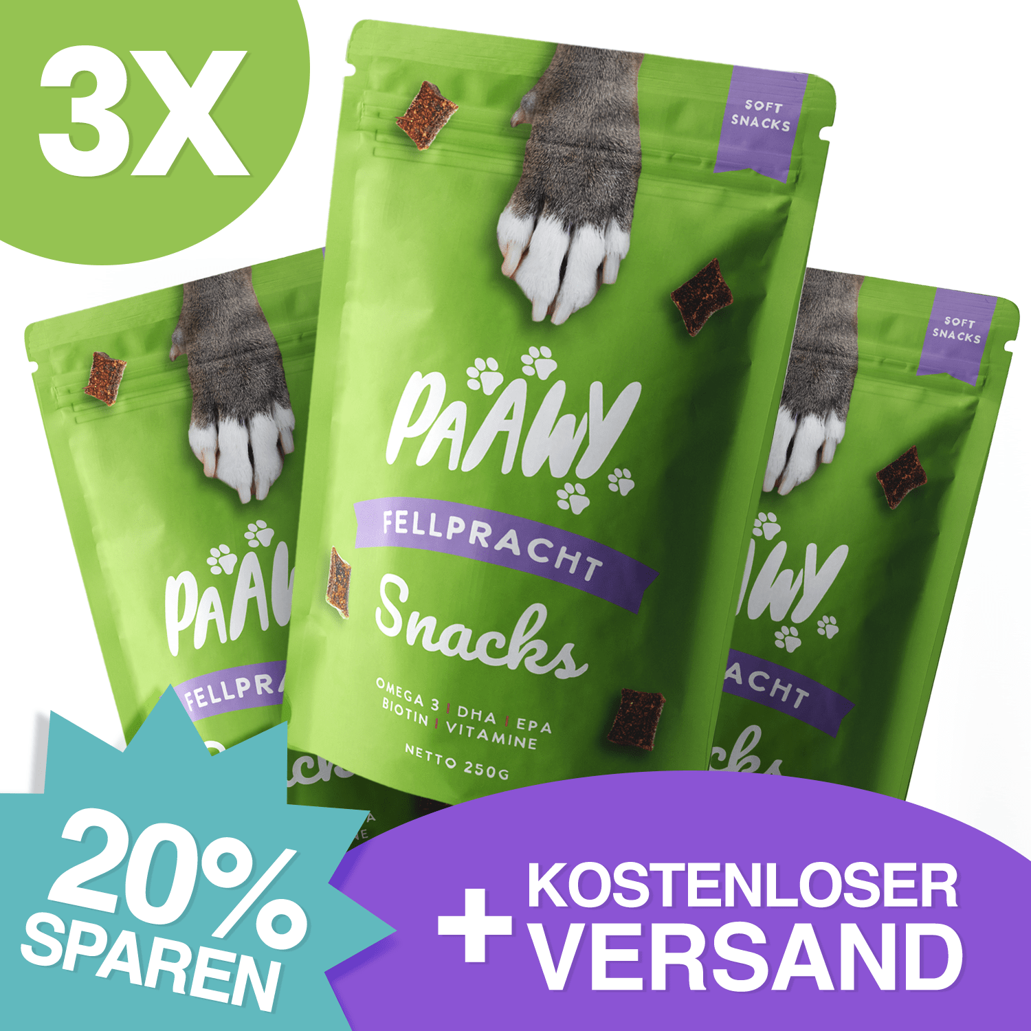 Paawy Fellpracht Snacks – Haut - & Fellpflege für Hunde – Mit Omega - 3, Biotin & Zink - paawy
